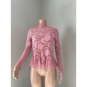 GANNI Lace stretch TOP PINK Floral Size 34 Long Sleeve Turtleneck Blouse #101